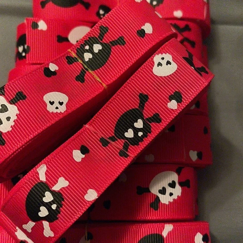 Grosgrain Ribbon 7/8” 5 yards 5/$20 skulls heart eyes Jolly Roger hot pink black